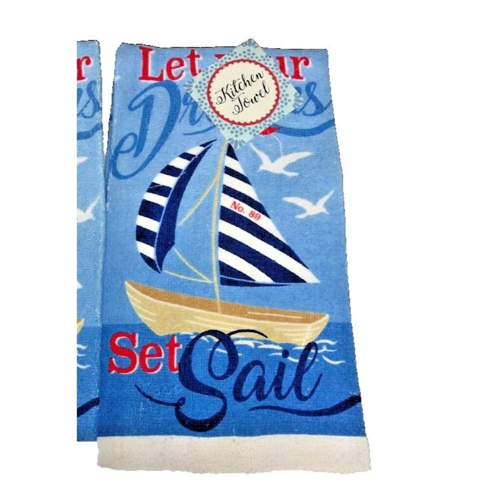 Sailboat Kitchen Dish Towels Potholder Oven Mitt Nautical Summer Beach Set of 4